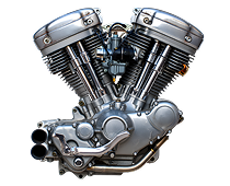 Chrome V-twin motorcycle engine on white background