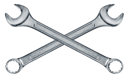 Two crossed silver wrenches on a white background