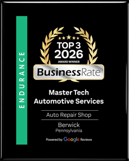 BusinessRate Top 3 2026 plaque for Master Tech Automotive Services, with gold laurel and green side bar | Master Tech Automotive Service