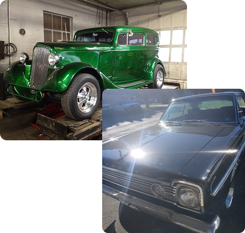 Two classic cars: a green vintage coupe in a garage and a black classic car parked outside in the sun | Master Tech Automotive Services