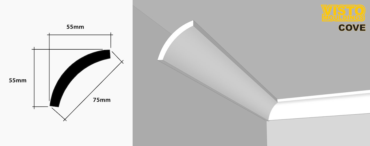 A drawing of a corner molding and a picture of a corner molding.