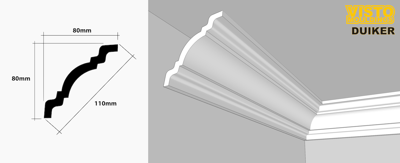 A picture of a cornice with measurements next to it