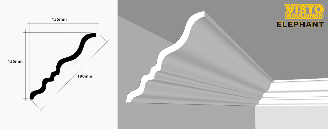 A picture of a white cornice next to a picture of a black cornice.