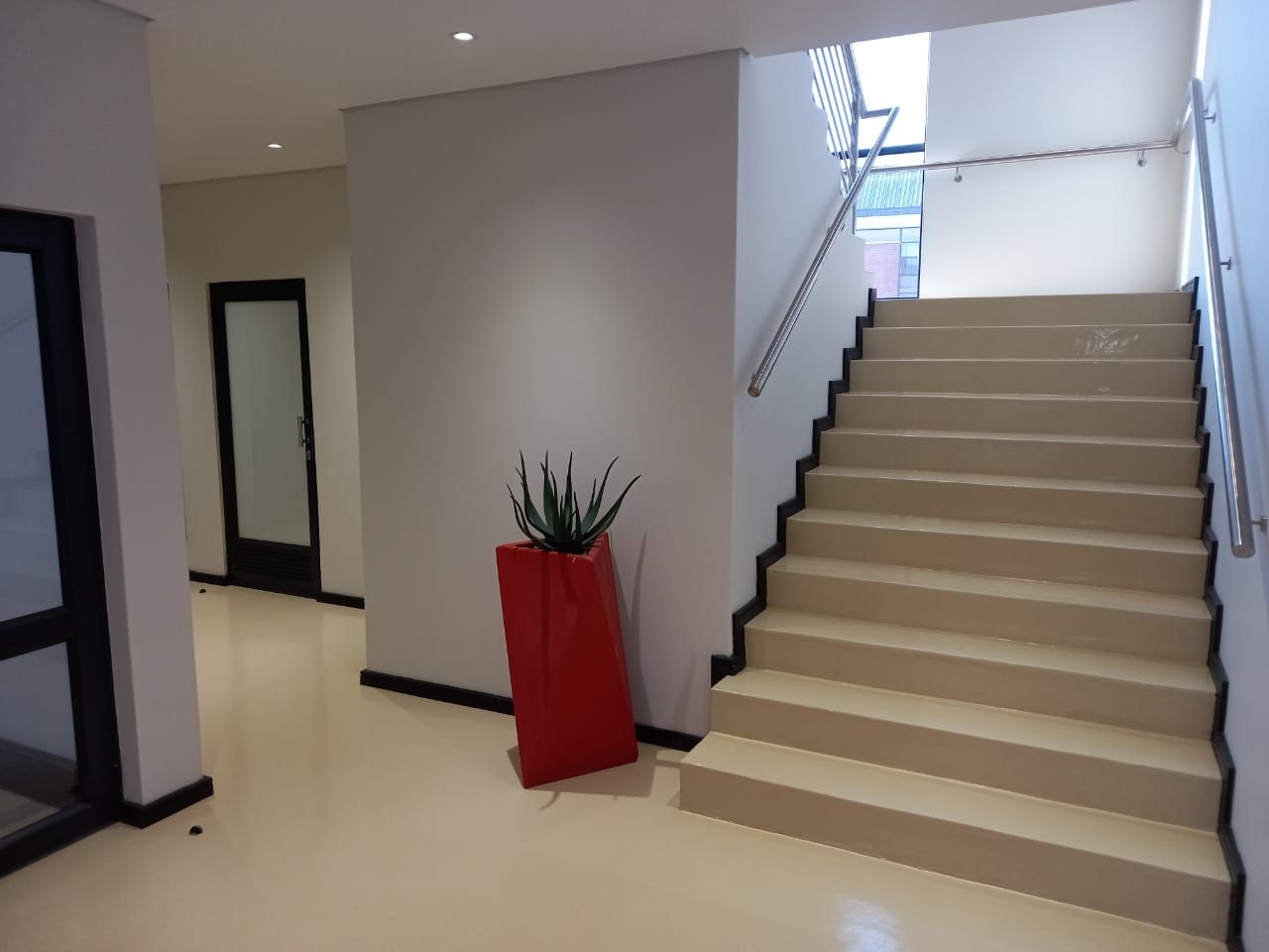 A staircase with a red potted plant in the middle
