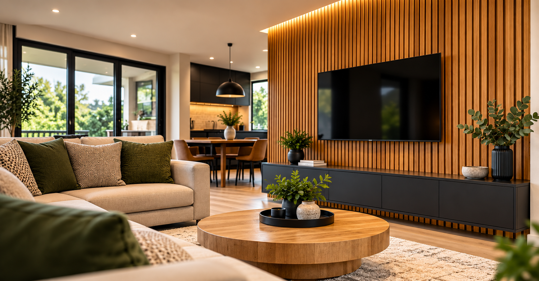 Modern living room featuring natural timber wall cladding and a contemporary wooden feature wall.