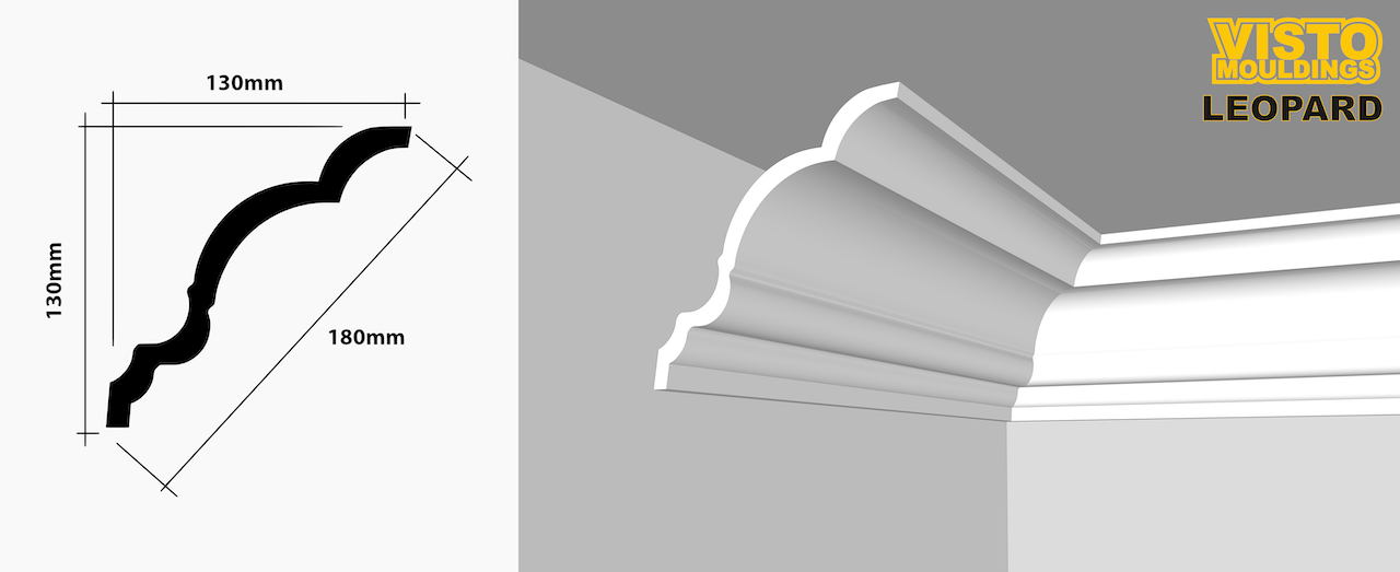 A picture of a cornice with measurements next to it