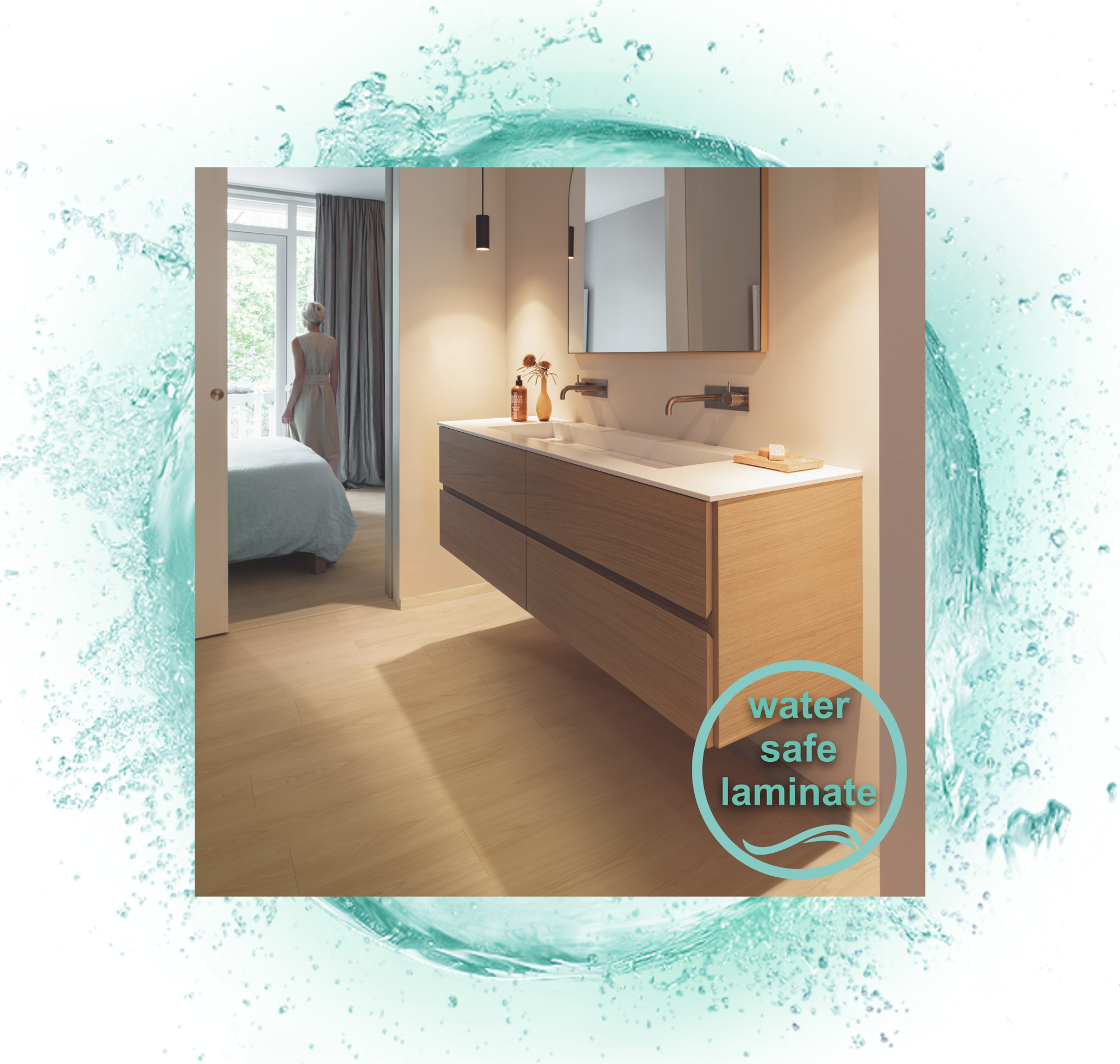A picture of a bathroom with the words water safe laminate