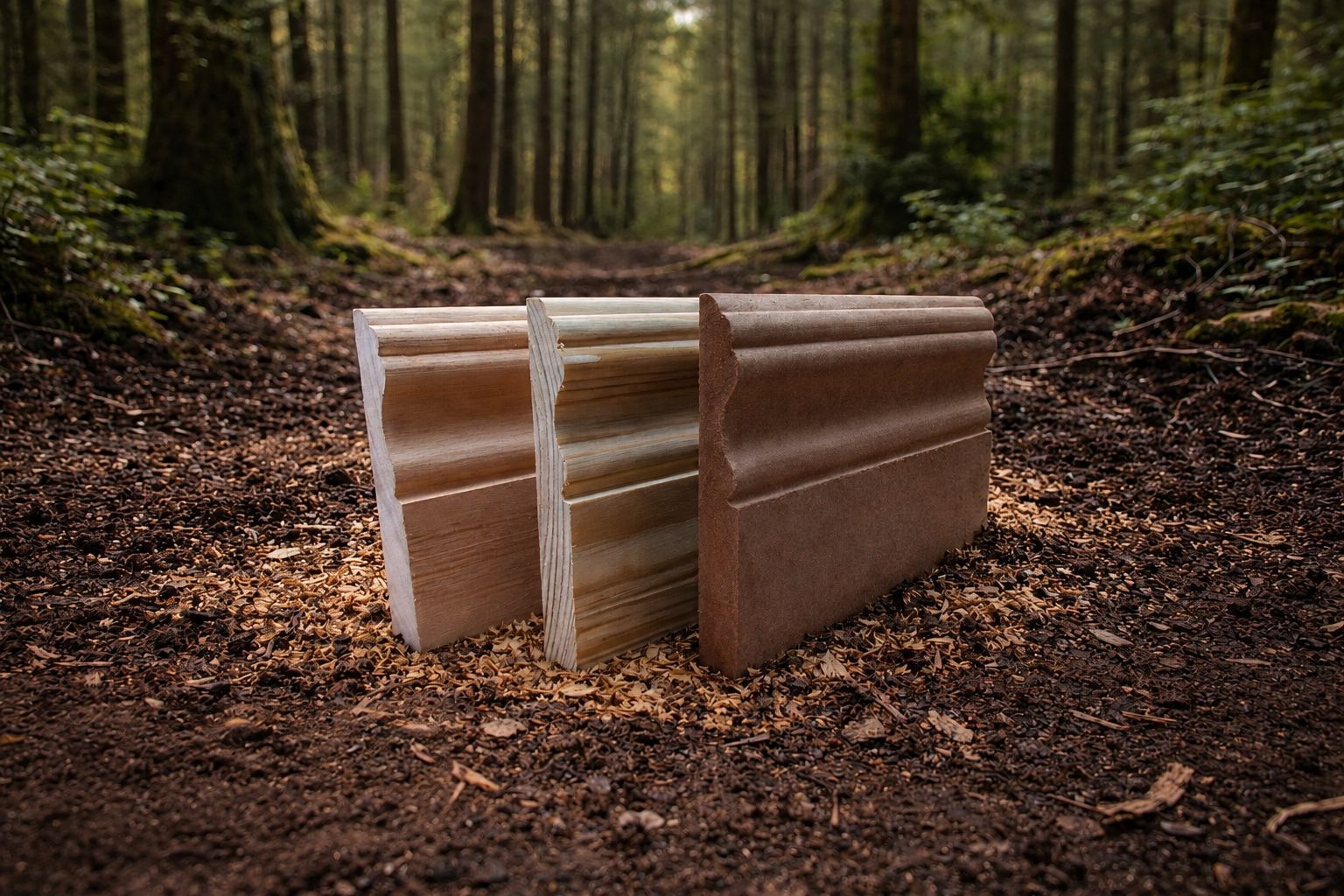 Wooden skirting boards and mouldings in a forest setting