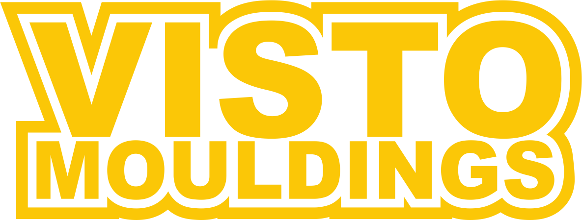The logo for visto mouldings is yellow and white on a white background.