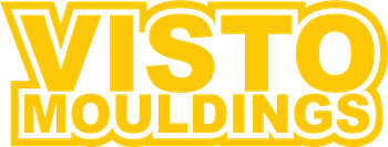 The logo for visto mouldings is yellow and white on a white background.