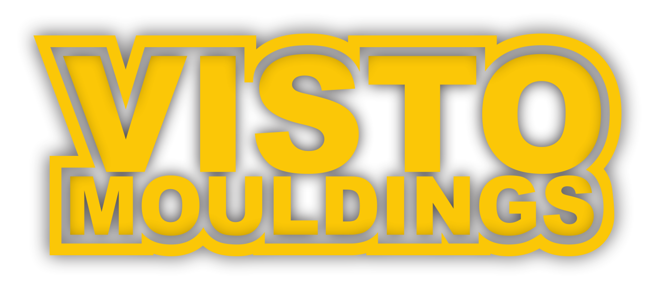 A yellow logo for visto mouldings on a white background.