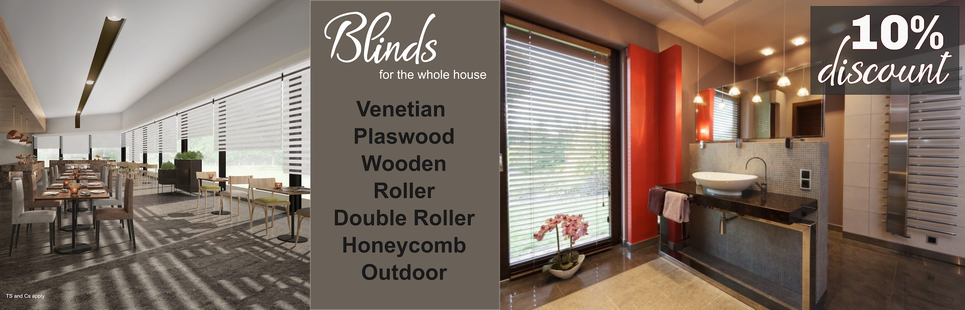 A picture of a living room and a picture of a bathroom with a 10 % discount on blinds.