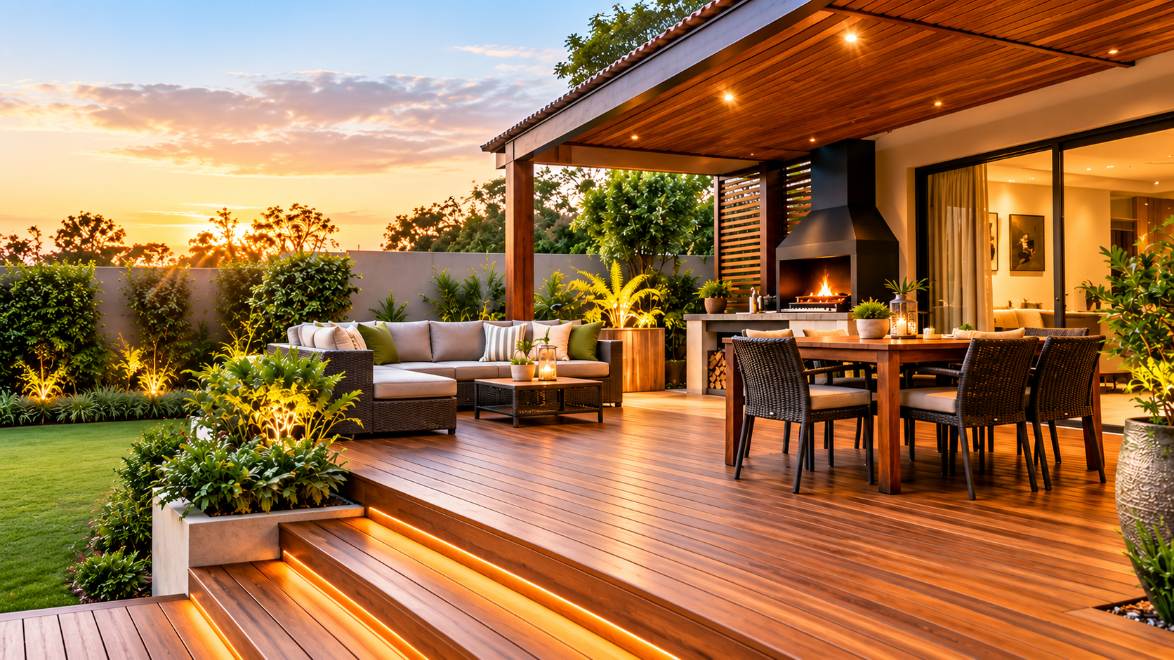 Wooden decking outdoor entertainment area with timber deck, pergola and braai in a landscaped garden