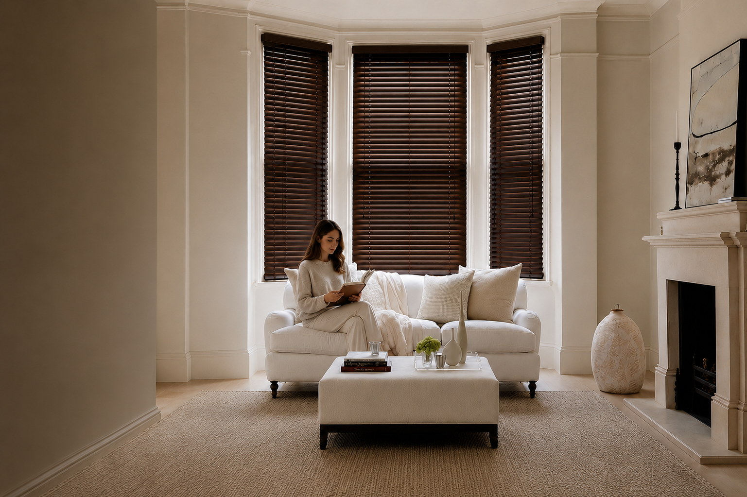 Modern living room with dark wooden blinds, cream sofa and warm natural light in Pretoria home.