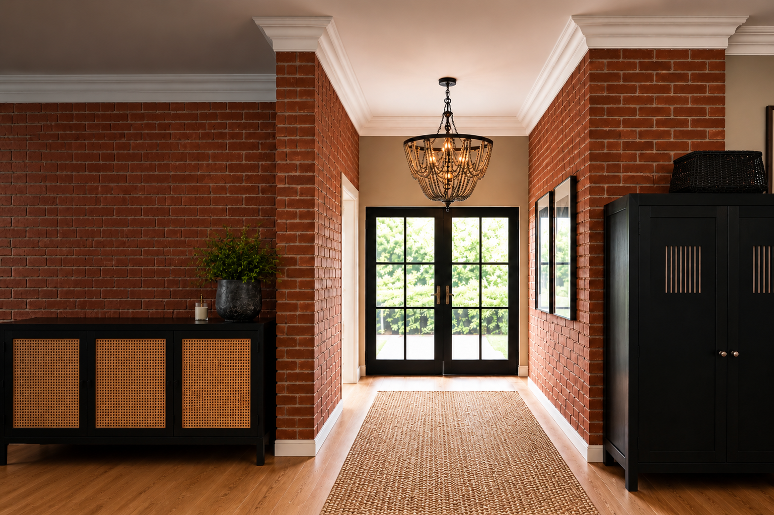 Modern hallway with white cornices, exposed brick walls, chandelier and black-framed glass doors.