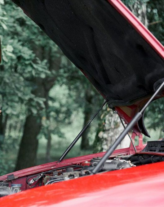 The Hood of a Red Car is Open in the Woods — Strut Re-gas Mackay In Airlie Beach, QLD