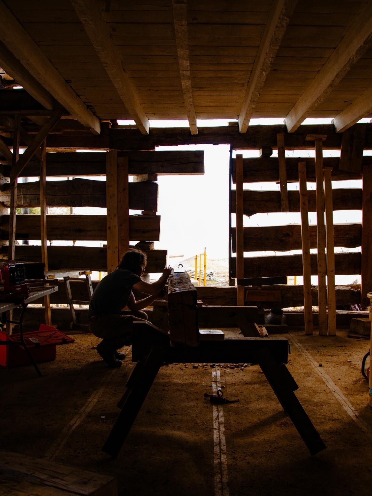 Silhouette of a person working inside a wooden barn, with bright daylight through the open doorway.