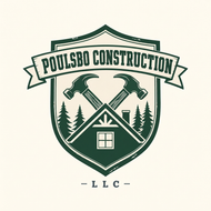 Poulsbo Construction logo with crossed hammers, cabin, trees, and &ldquo;LLC&rdquo; banner in green