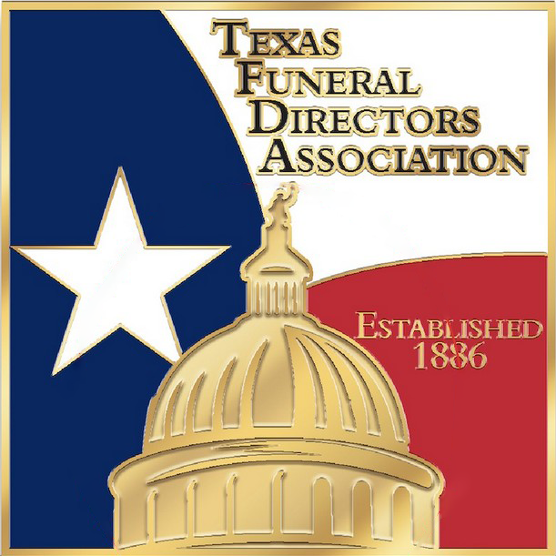 Texas Funeral Directors Association logo with Texas flag colors, state capitol dome, and “Established 1886” text