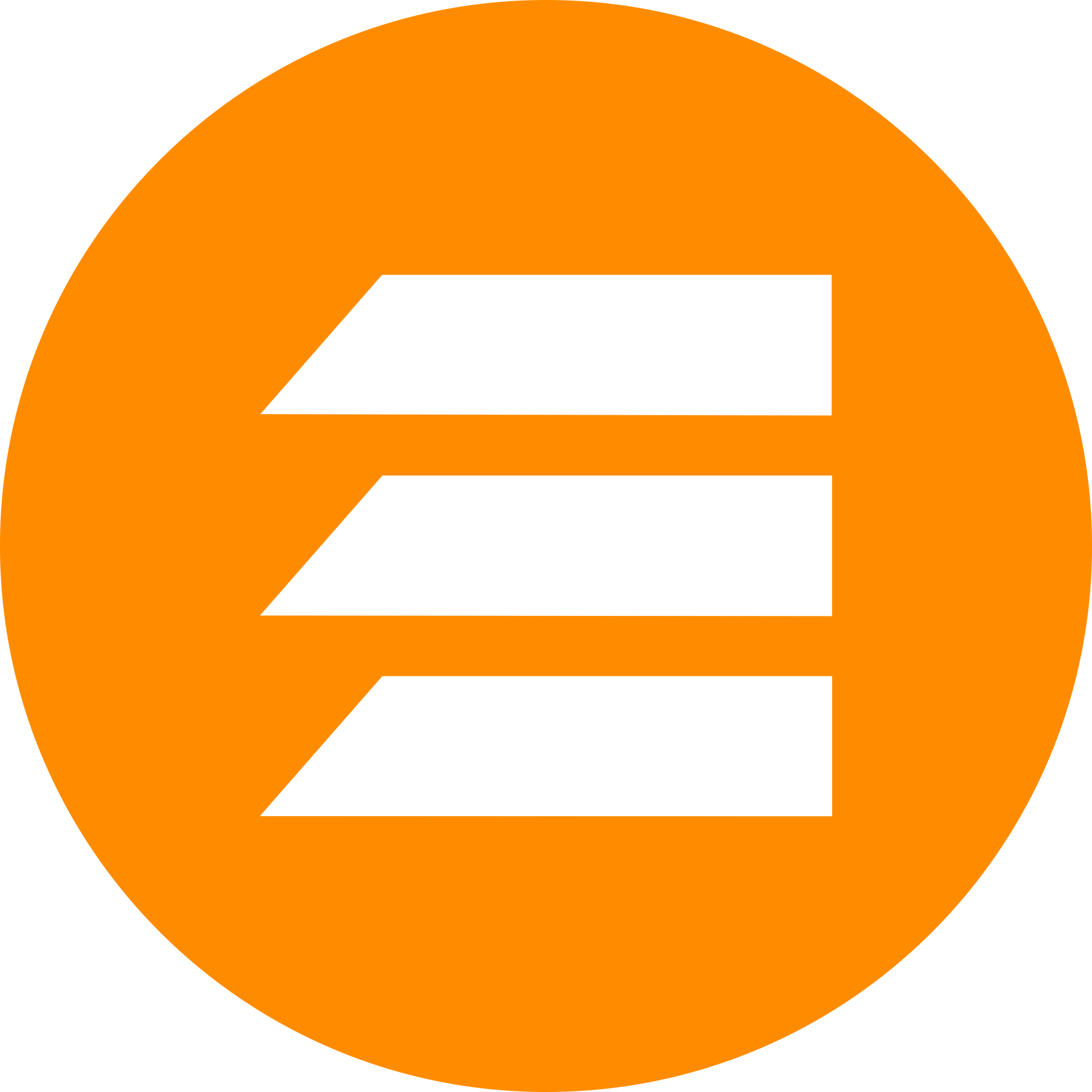 White, stacked, angled rectangles within an orange circle.