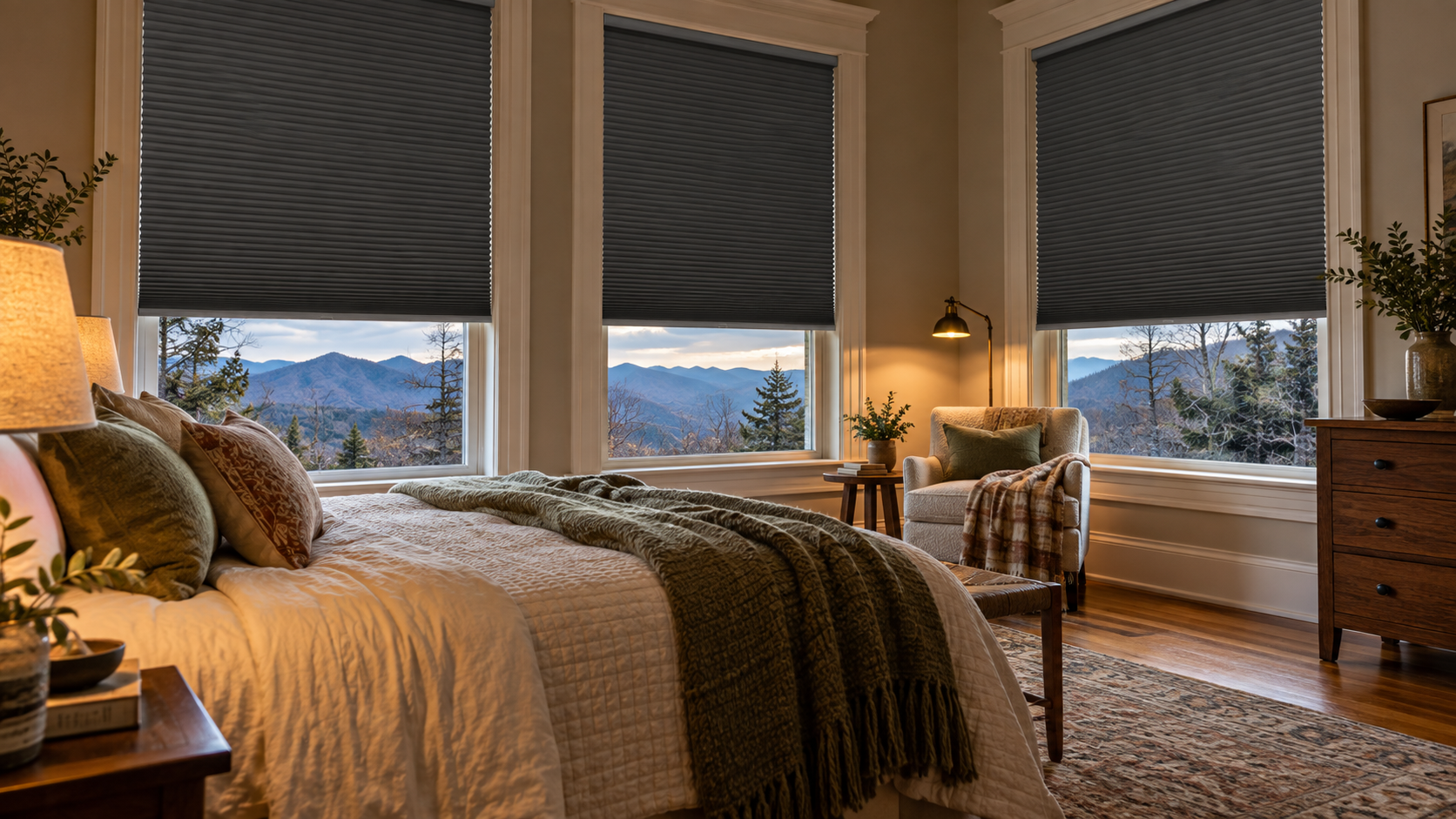 Cozy bedroom with a bed, blackout shades, warm lamp lighting, and snowy mountain views through large windows