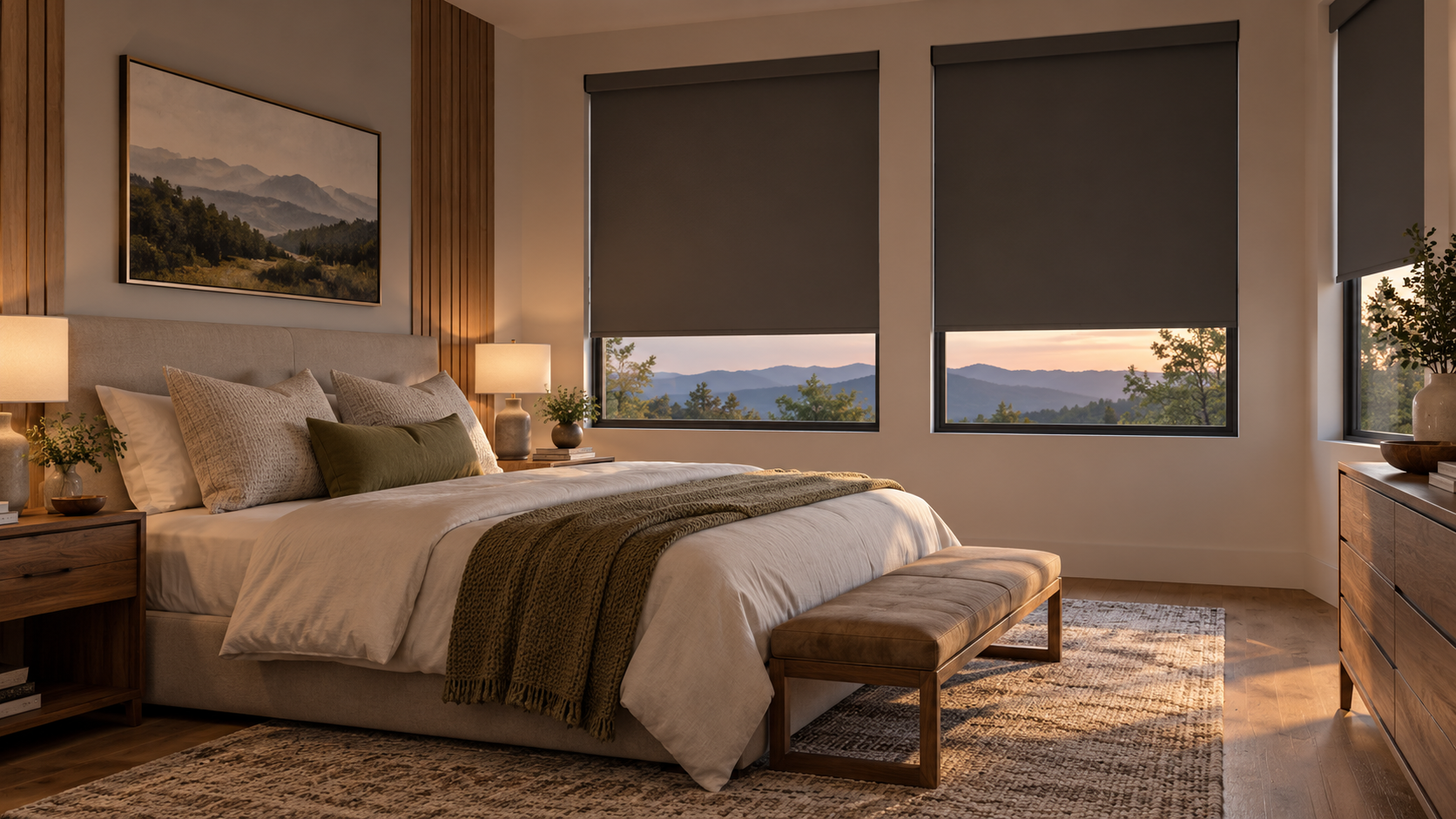 Cozy bedroom with a made bed, warm lighting, blackout shades, and a mountain view through the windows