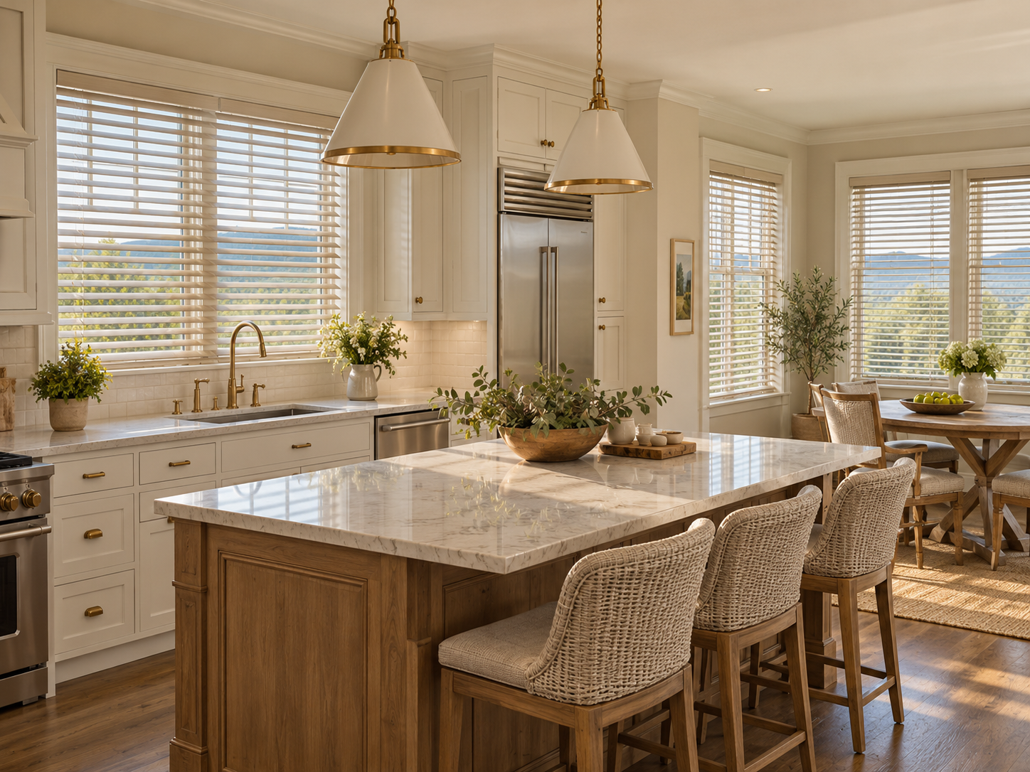 Bright kitchen with a large island, woven stools, pendant lights, and sunlit windows with faux window blinds.