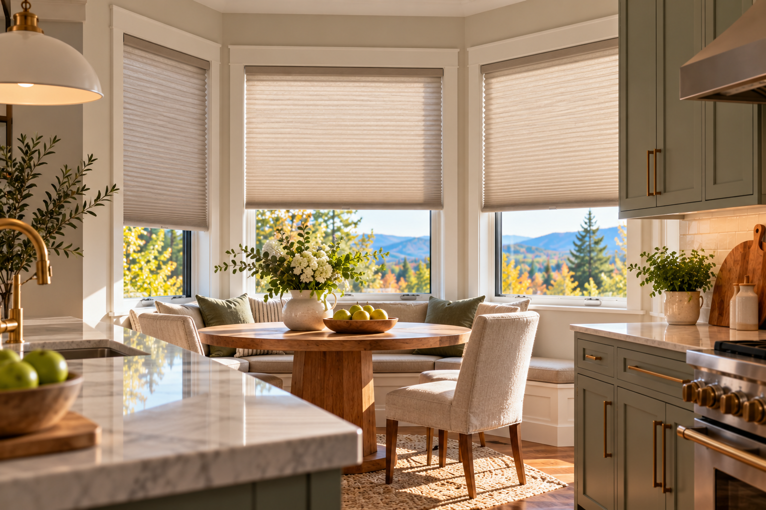 Bright kitchen with a large window seat, beige cellular shades, white cabinets, and a sunlit dining nook with mountain views