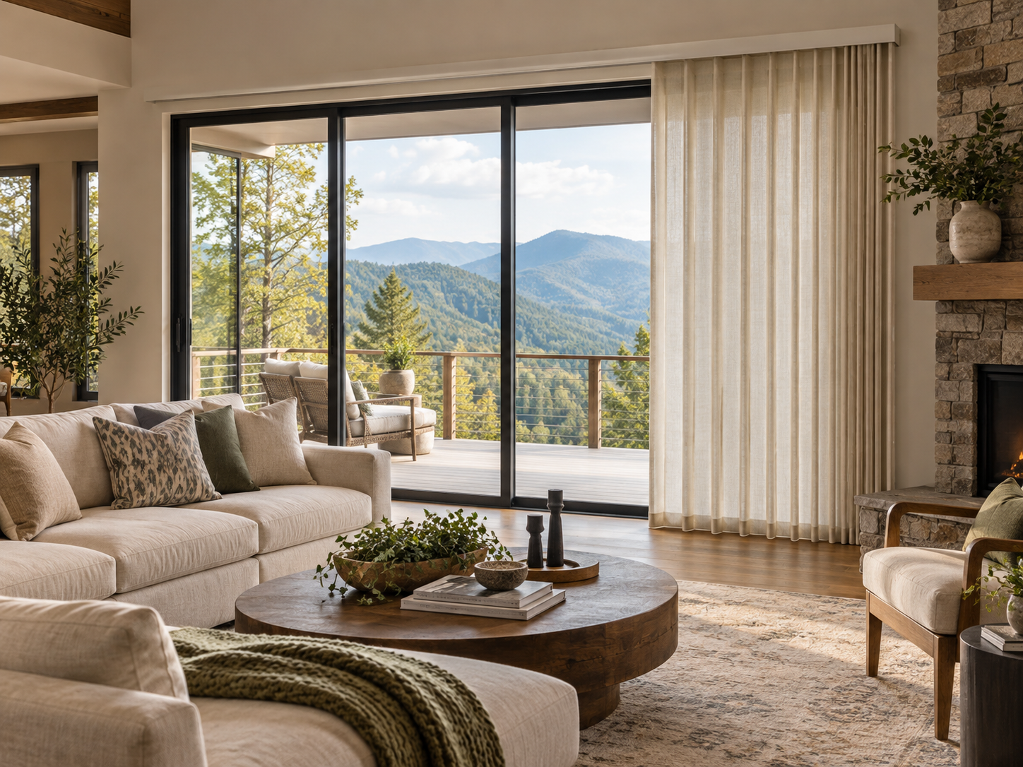 Bright living room with beige sofa, round coffee table, and large sliding doors opening to mountain views.