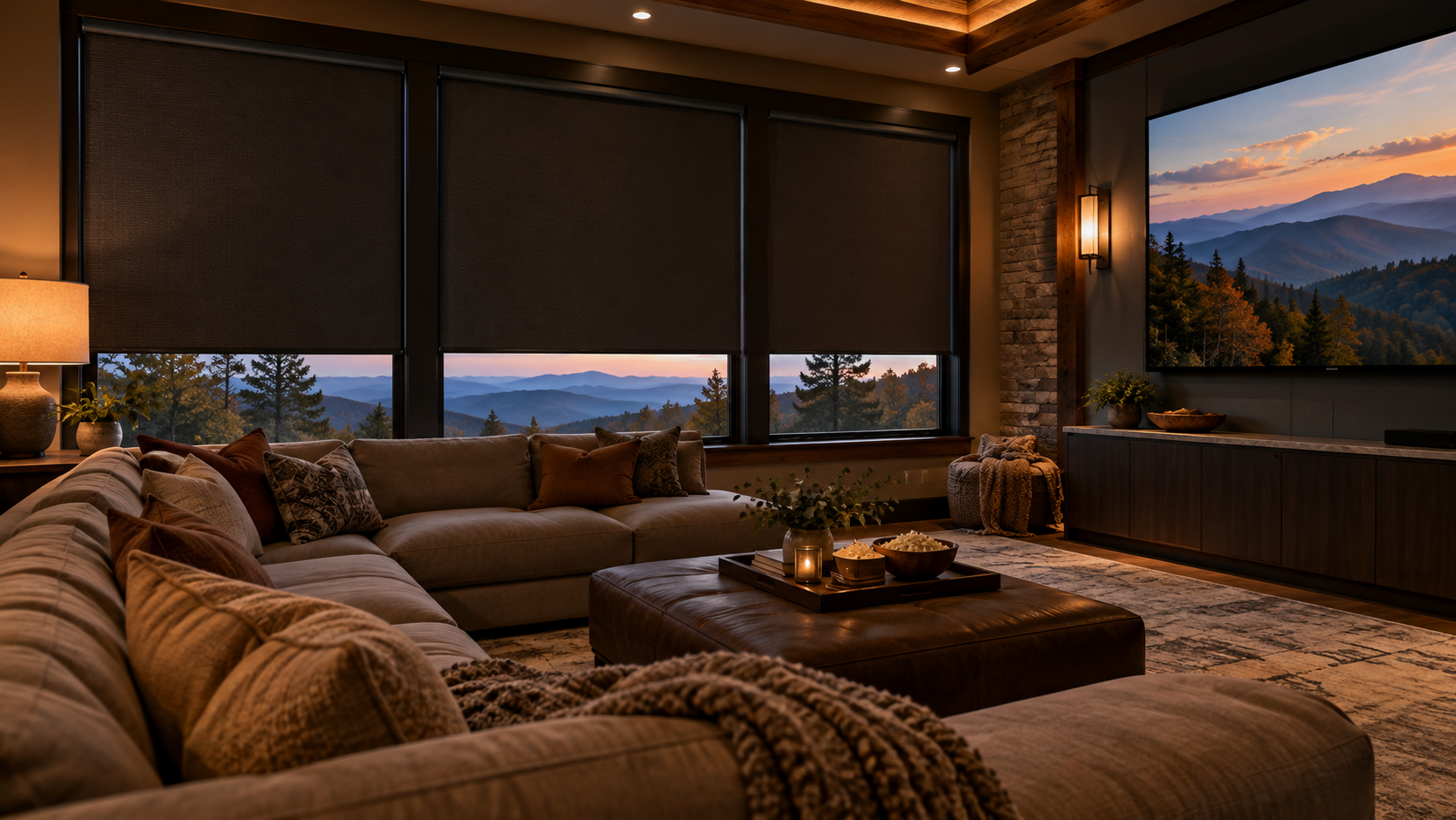 Cozy living room with sectional sofa, low coffee table, and mountain sunset view through large windows with blackout shades. 