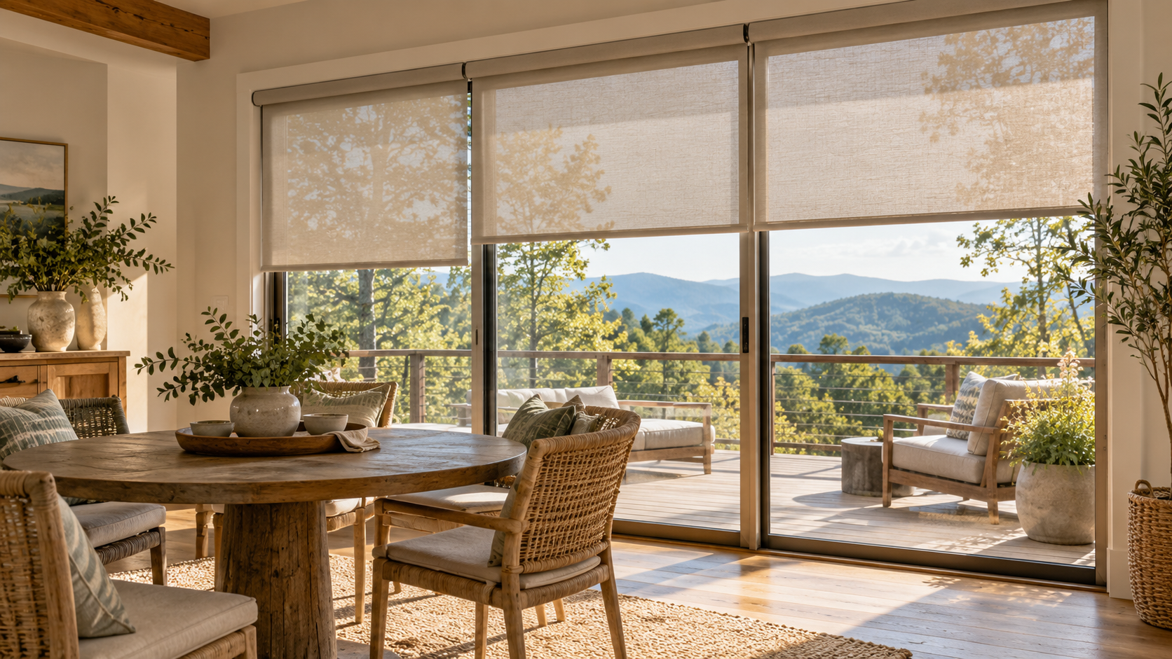 Bright dining room with wicker chairs and a round table overlooking a sunlit patio and mountain view through large windows with roller shades.