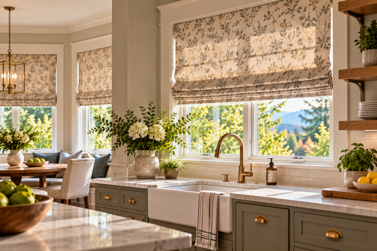 Bright kitchen with patterned Roman shades, farmhouse sink, marble island, and flowers by a sunlit window.