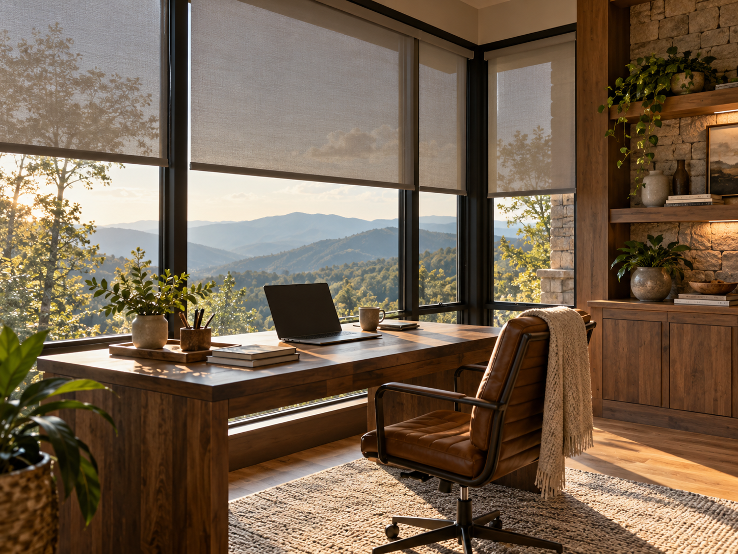 Sunlit home office with wooden desk, chair, plants, and mountain view through large windows with solar shades