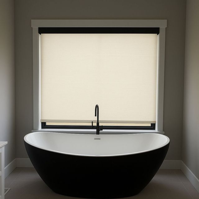 Modern bathroom with a black freestanding tub beneath a window with a beige shade