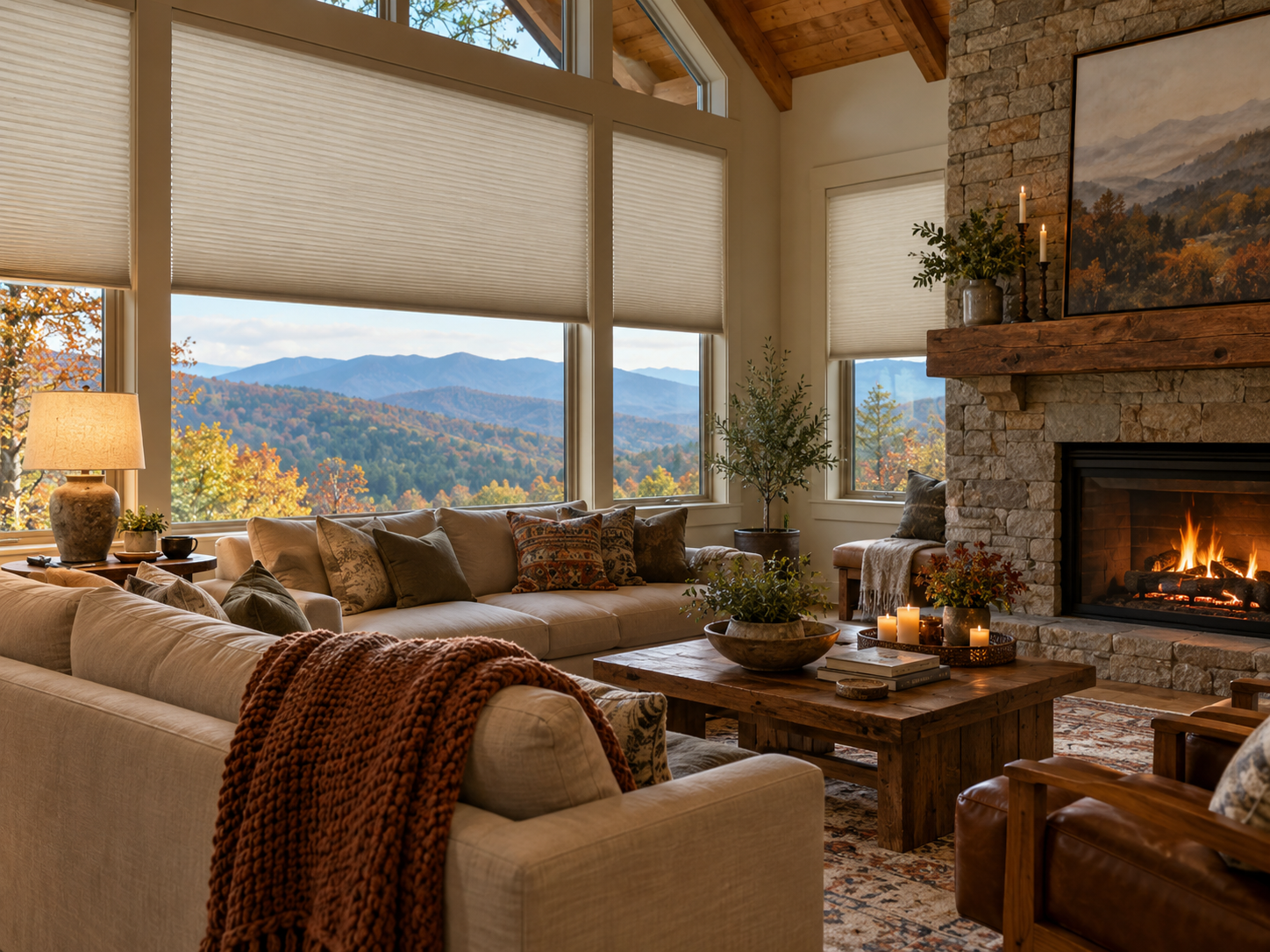 Cozy living room with stone fireplace, large windows, mountains outside, and warm neutral decor.