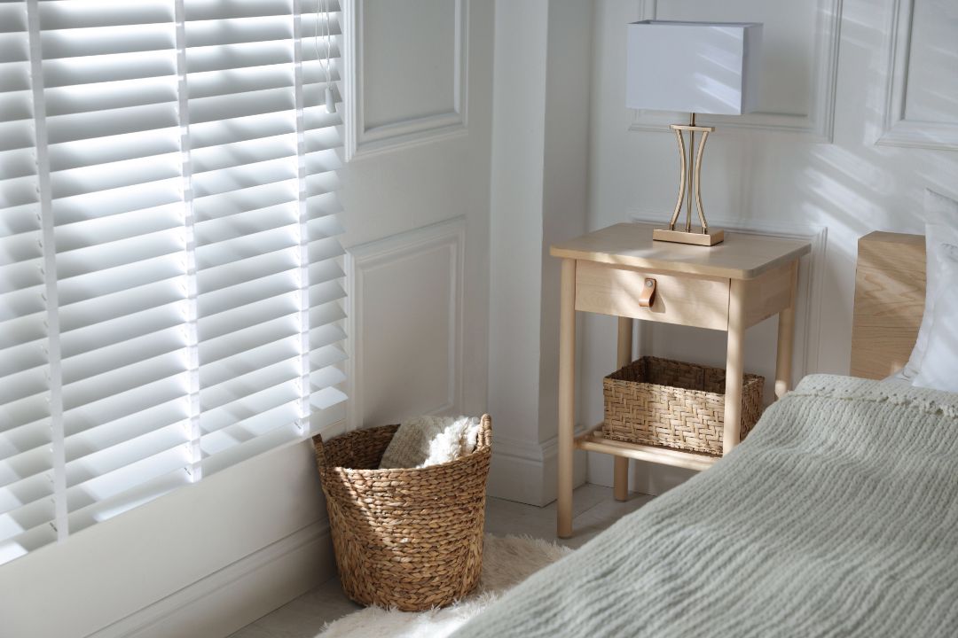 White faux wood blinds on a living room window, AVL Window Blinds, Asheville NC