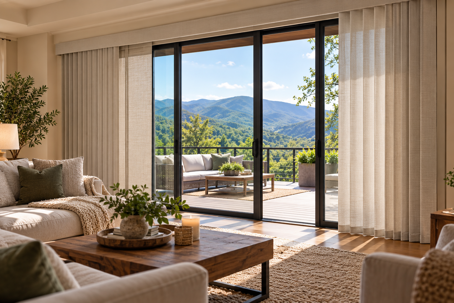Bright living room with open sliding doors to a mountain-view terrace and custom drapery. 
