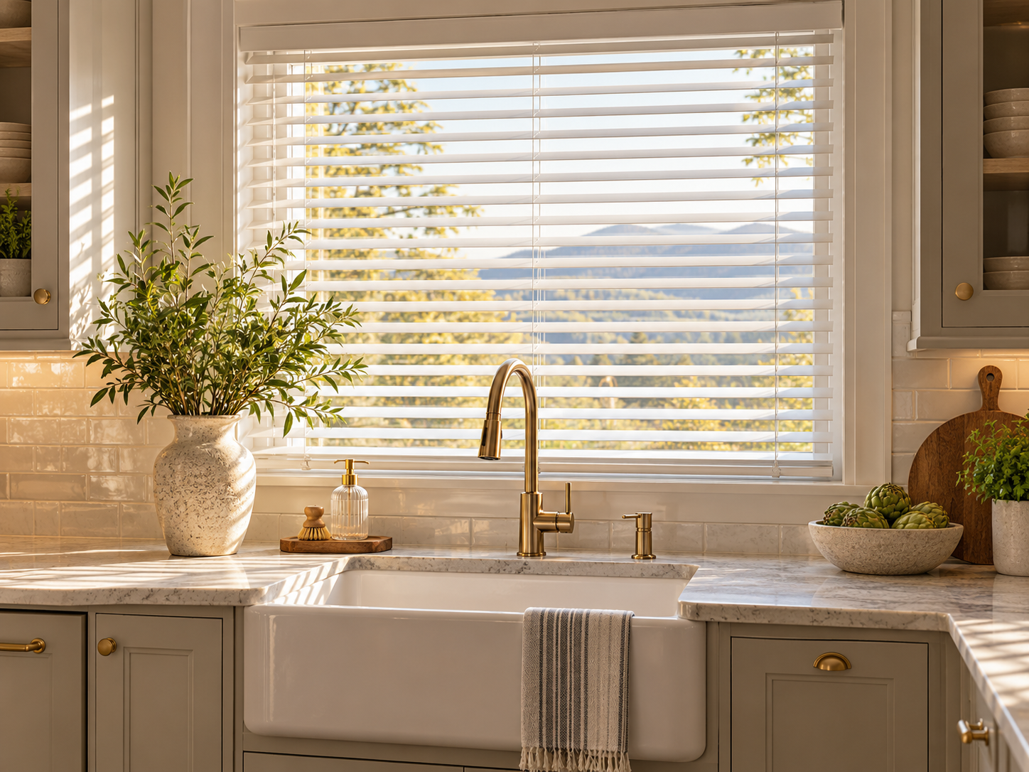 Bright kitchen sink under a window with white blinds, sunlight, and potted plants on the counter
