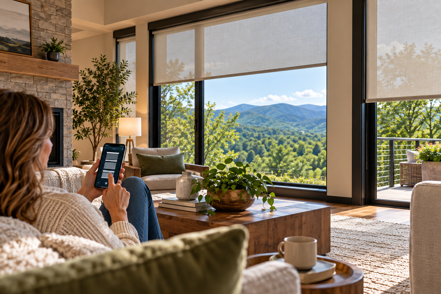 Person on a couch using a remote for smart shades in a bright living room with a mountain view through large windows