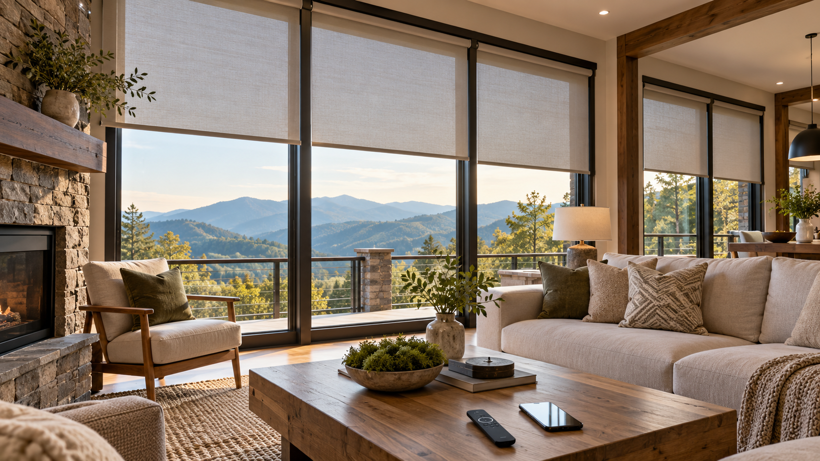Cozy living room with sofa, chairs, coffee table, and floor-to-ceiling windows overlooking mountains
