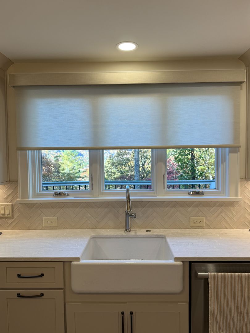 Motorized roller shade on a home office window, AVL Window Blinds, Hendersonville NC