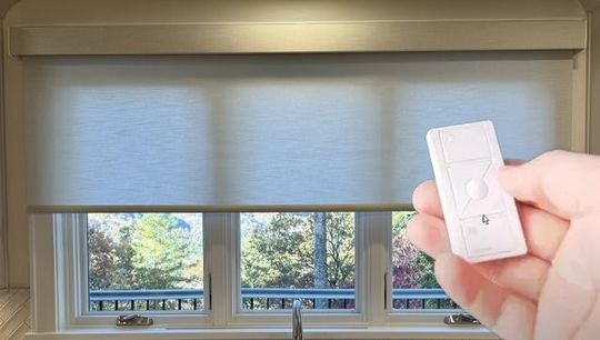 Hand holding a white remote in front of a window with a closed gray roller shade
