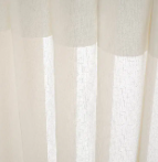 White sheer curtains with vertical textured stripes hanging in front of a bright window