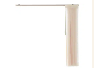 Cream curtain hanging from a rod against a white background