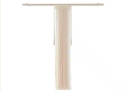 Beige sheer curtain panel hanging from a rod on a white background