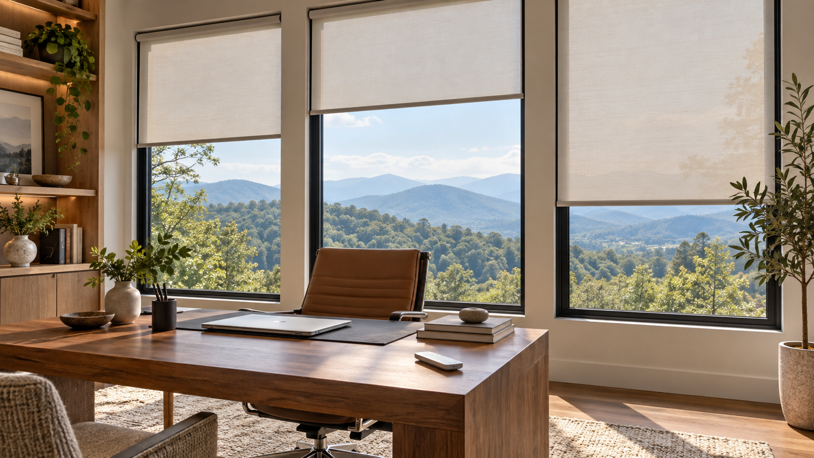 Wooden desk in a bright home office with large windows that have motorized shades.