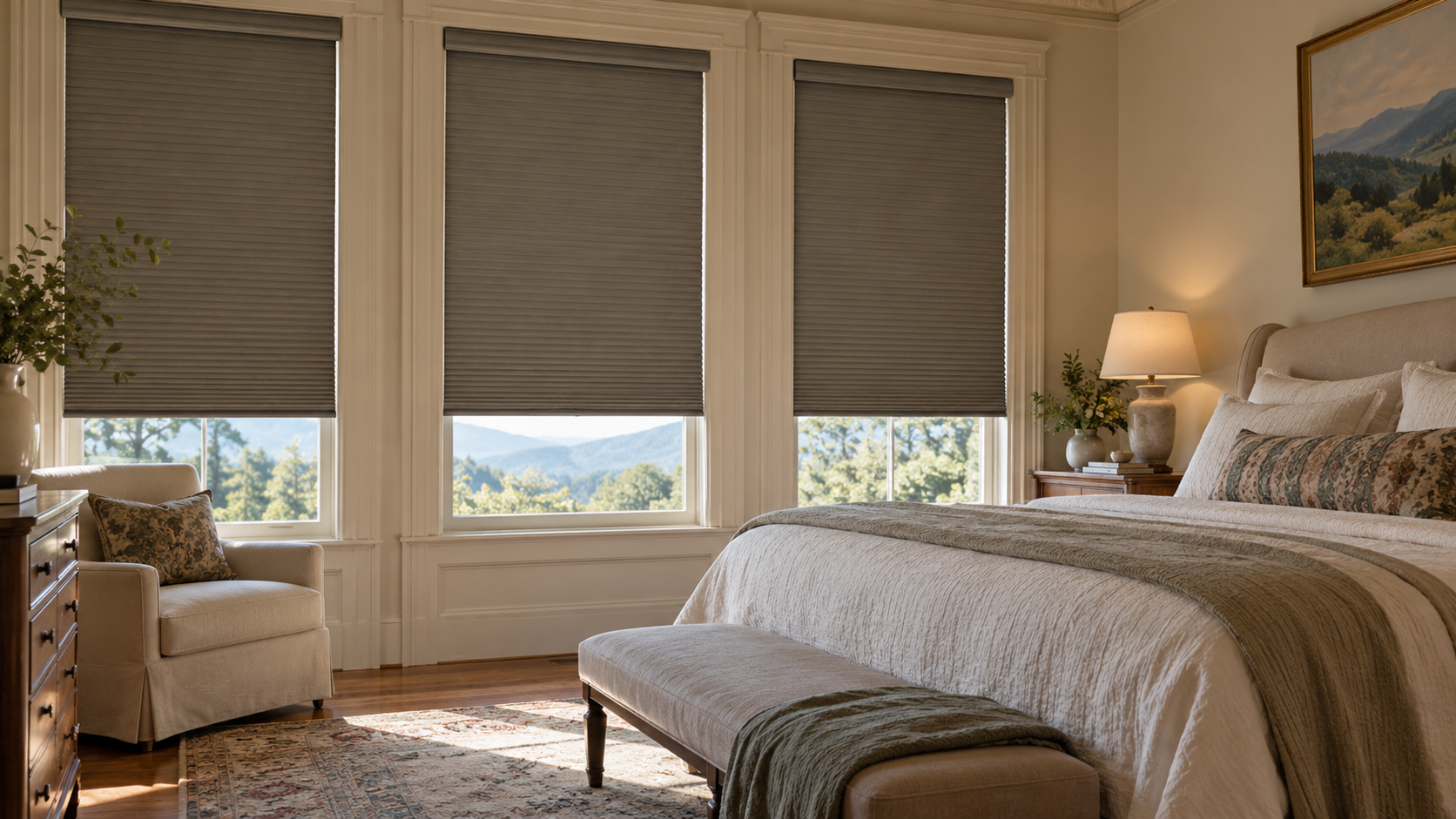 Cozy bedroom with bed, armchair, and three windows with blackout shades overlooking a scenic view