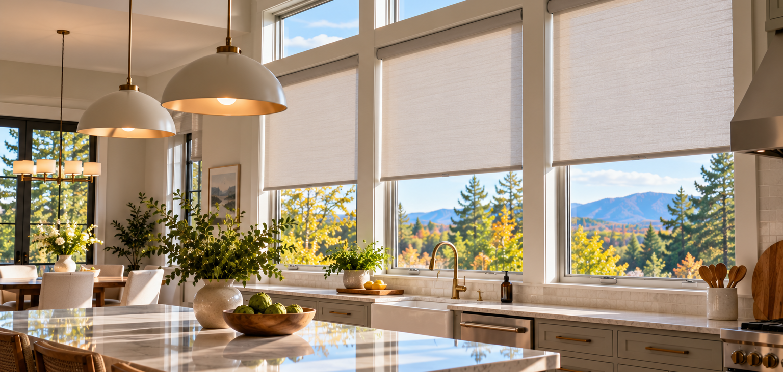 Bright kitchen with large windows with roller shades, white cabinets, pendant lights, and a sunlit island.