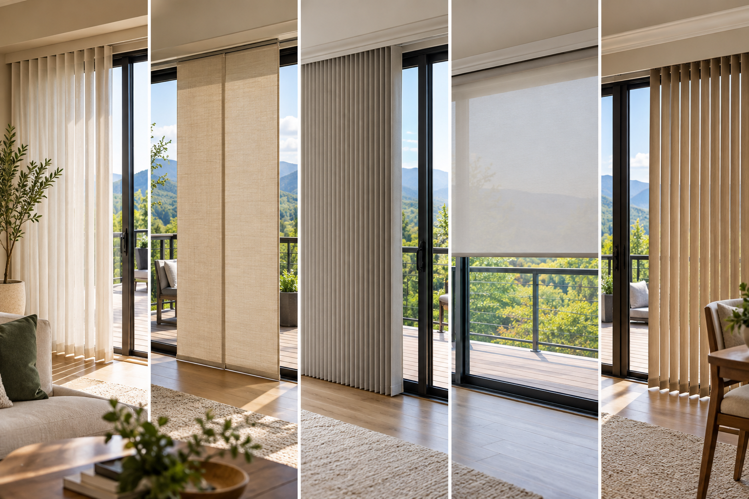 Sunlit living room with tall beige blinds, open balcony doors, and a view of greenery outside