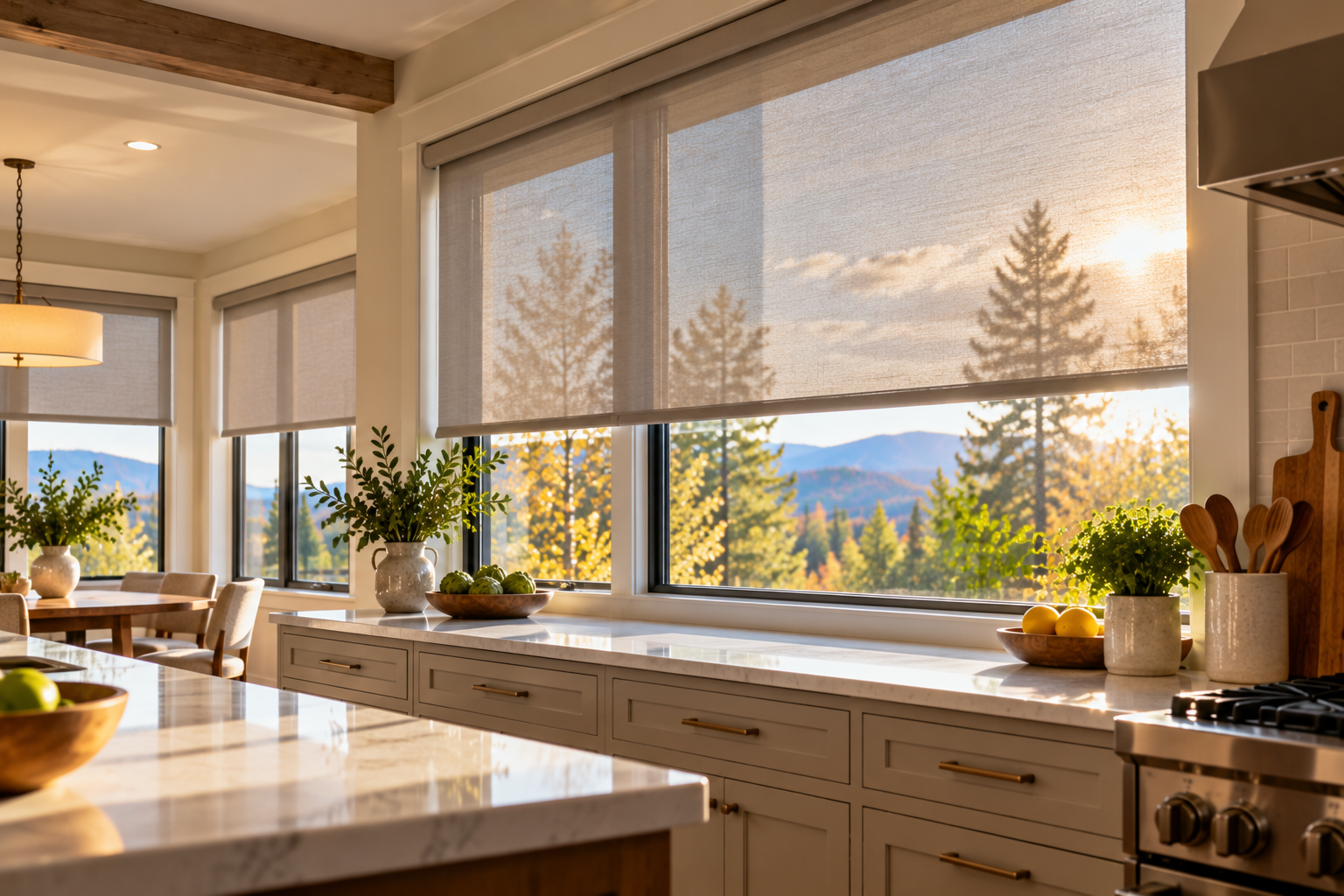 Bright modern kitchen with large windows, solar shades, a mountain view, and sunlight over the countertop